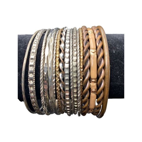 Mixed metal multi bangle bracelet set with wrap beaded bracelet and copper cuff - Picture 3 of 8